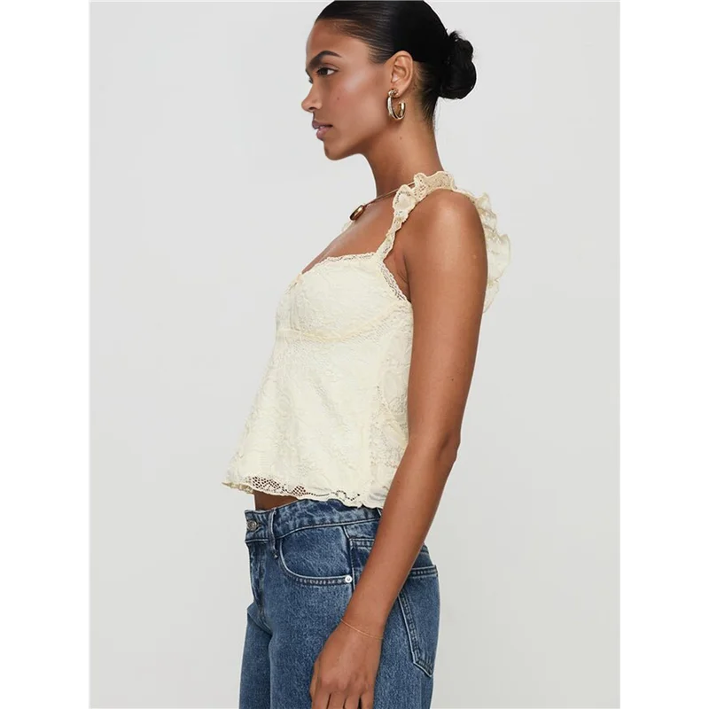 Women Lace Babydoll Tank Top Cap Sleeve See Throught Y2k Summer Going Out Crop Tops