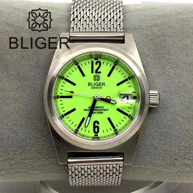 BLIGER Classic Mechanical Wristwatches 39mm Men Watch NH35 Movement Mesh Band Brushed Fixed Bezel White Dial Green Luminous Date