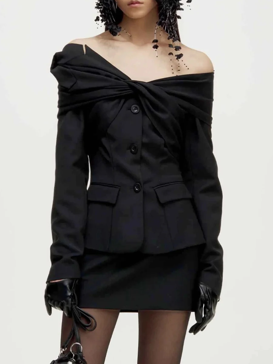 VGH Designer Solid Spliced Folds Slimming Jackets For Women Slash Neck Long Sleeve Spring Elegant Jacket Female Fashion Style