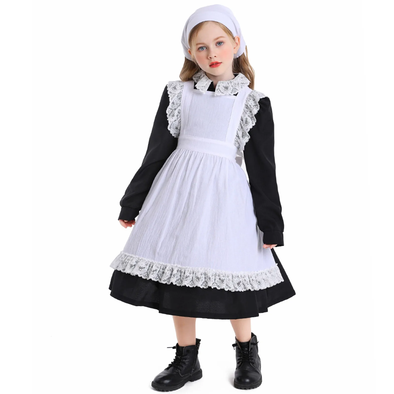 

Girl's German Oktoberfest Black and White Lace Maid Costume Stage Play Performance Beer Festival Carnival Party Costume