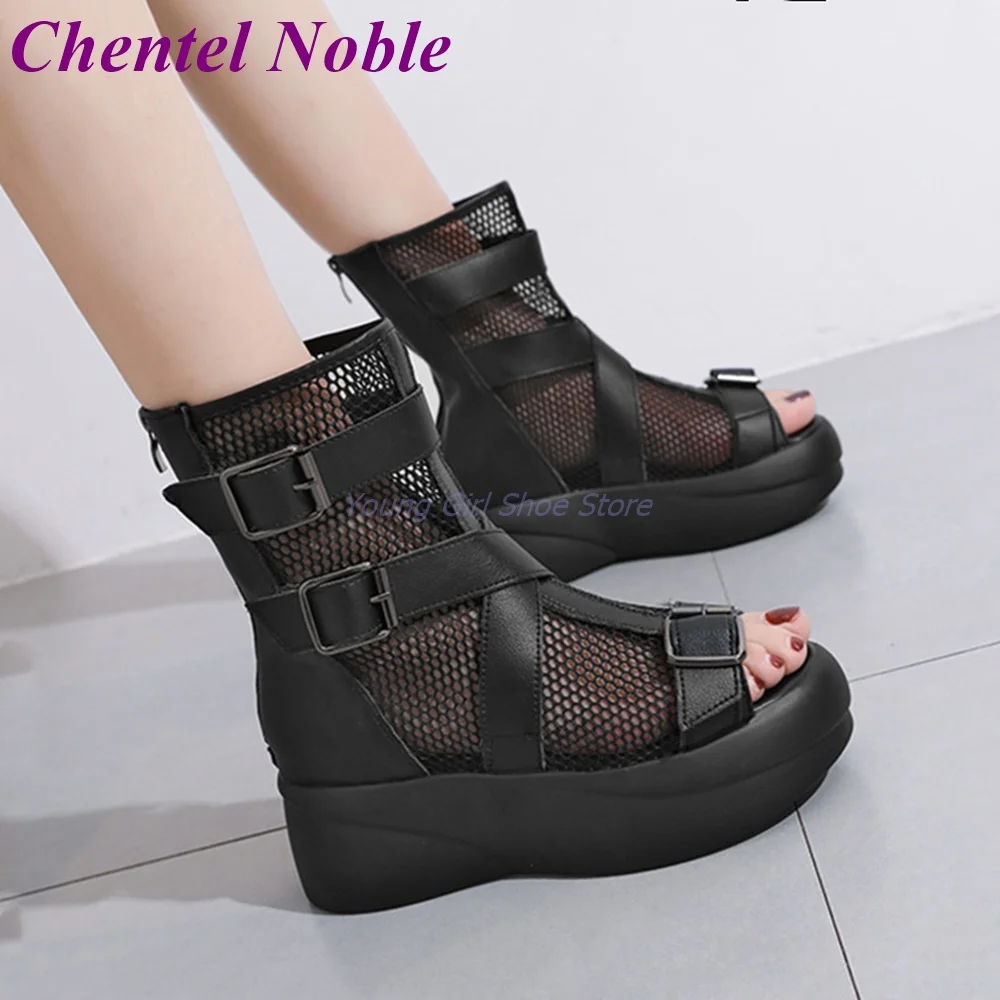 Meta Buckle Mesh Stocking Sandals Thick Open Round Toe Binding Decoration Women Shoes Individuality Black Comfortable Soft Shoes