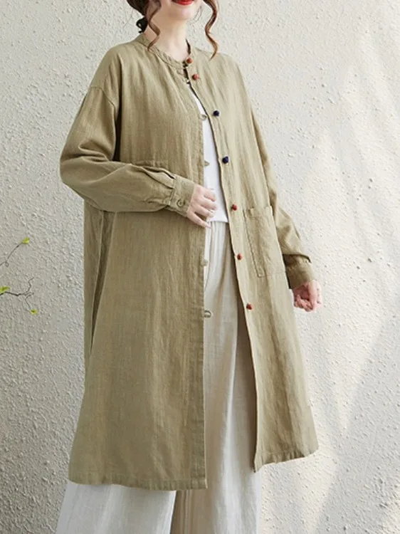 لون فني نقي من القطن والكتان متوسط الطول irt مقاس كبير للنساء بياقة واقفة طويلة Sve Zen Sle مفتوحة... #1