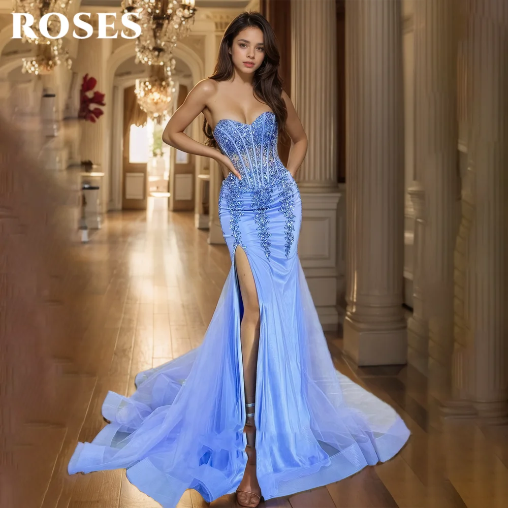 

ROSES Blue Gorgeous Prom Dress Sweetheart Sequins Hollow Prom Gown with Fishbone Side Split Mermaid Evening Dresses Customized