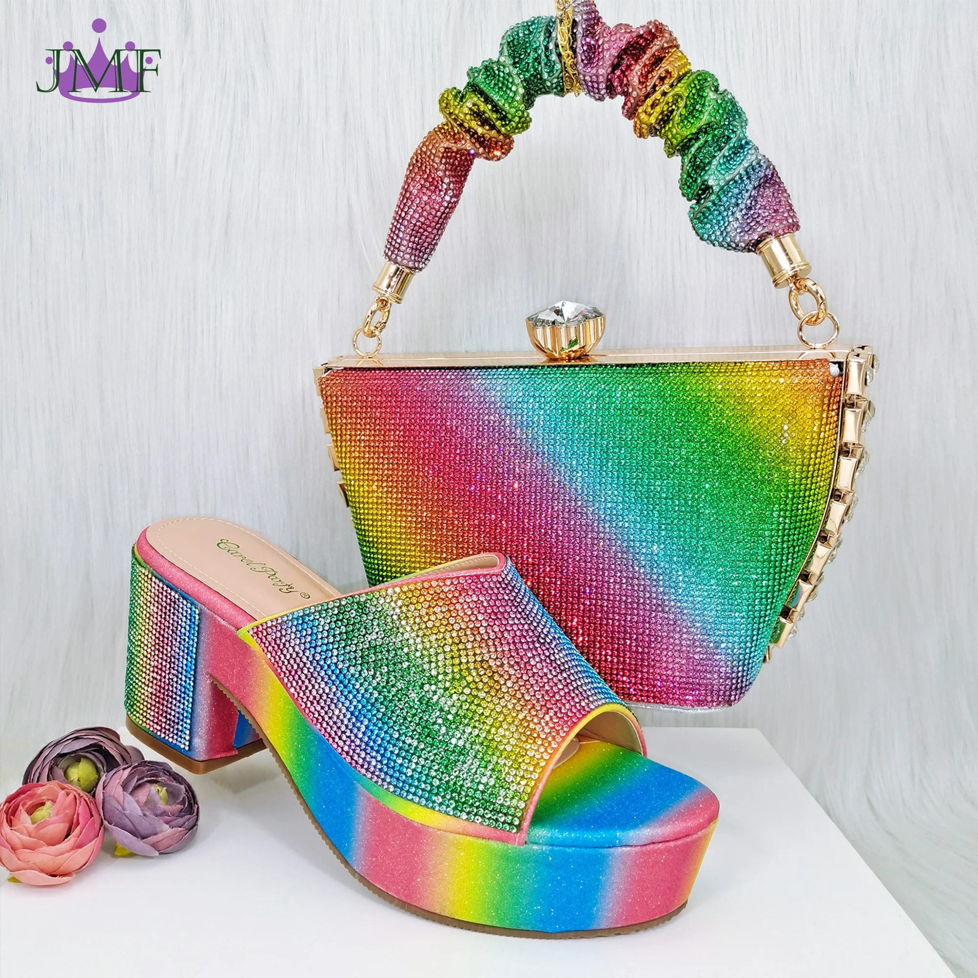 QSGFC Italian Design Rainbow Colored Rhinestone Striped High Heels, Nigerian Paired With Open Sandals, Shoes Bag Set For Women