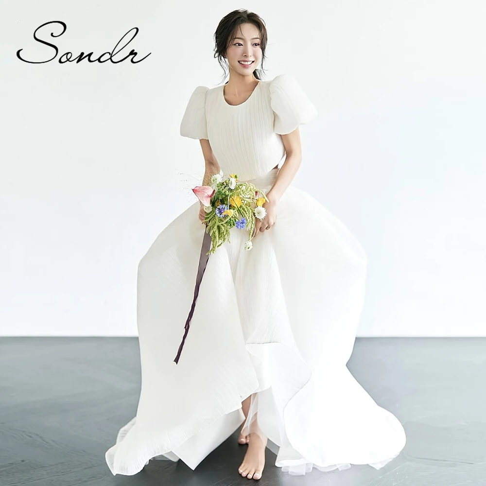 Sondr O-Neck Short Sleeves Korean Wedding Dresses 2 Pieces A Line Bridal Gown Customized Self- Wedding Dress Photo Shoot