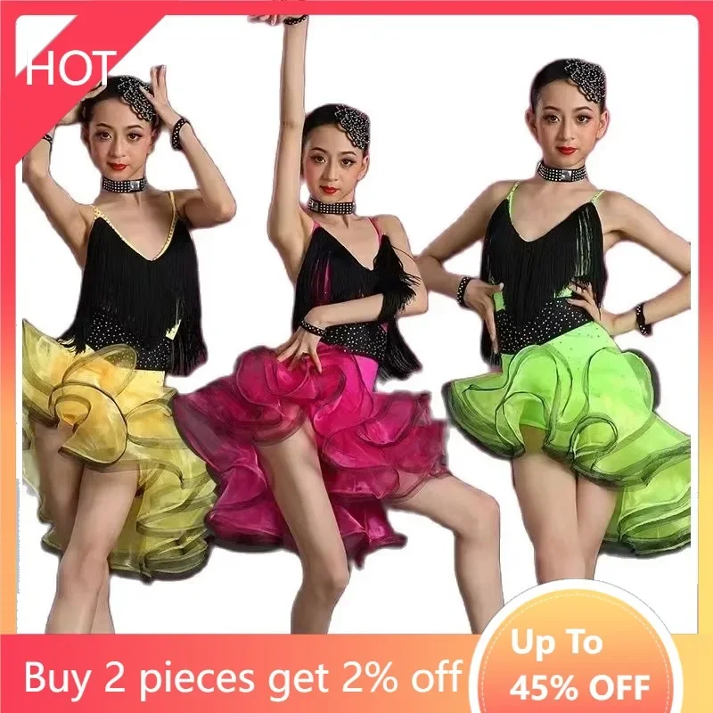 Jazz dancewear costume Kids Modern Latin Dance Dress Sequined Ballroom Party Dancing Dress Child tutu dress clothes For Girls