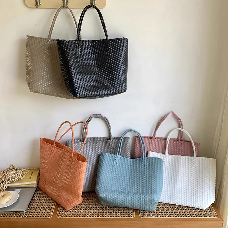 Ins Solid Woven Beach Bag Large Capacity Vacation Travel Picnic Outdoor Women Shoulder Bag Woven Storage Vegetable Basket