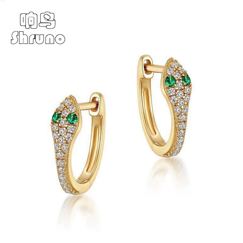 Shruno Solid 14k AU585 Yellow Gold Snake Shape Lab Grown Diamond Earring Women Real Emerald Gemstone Fine Jewelry Gifts