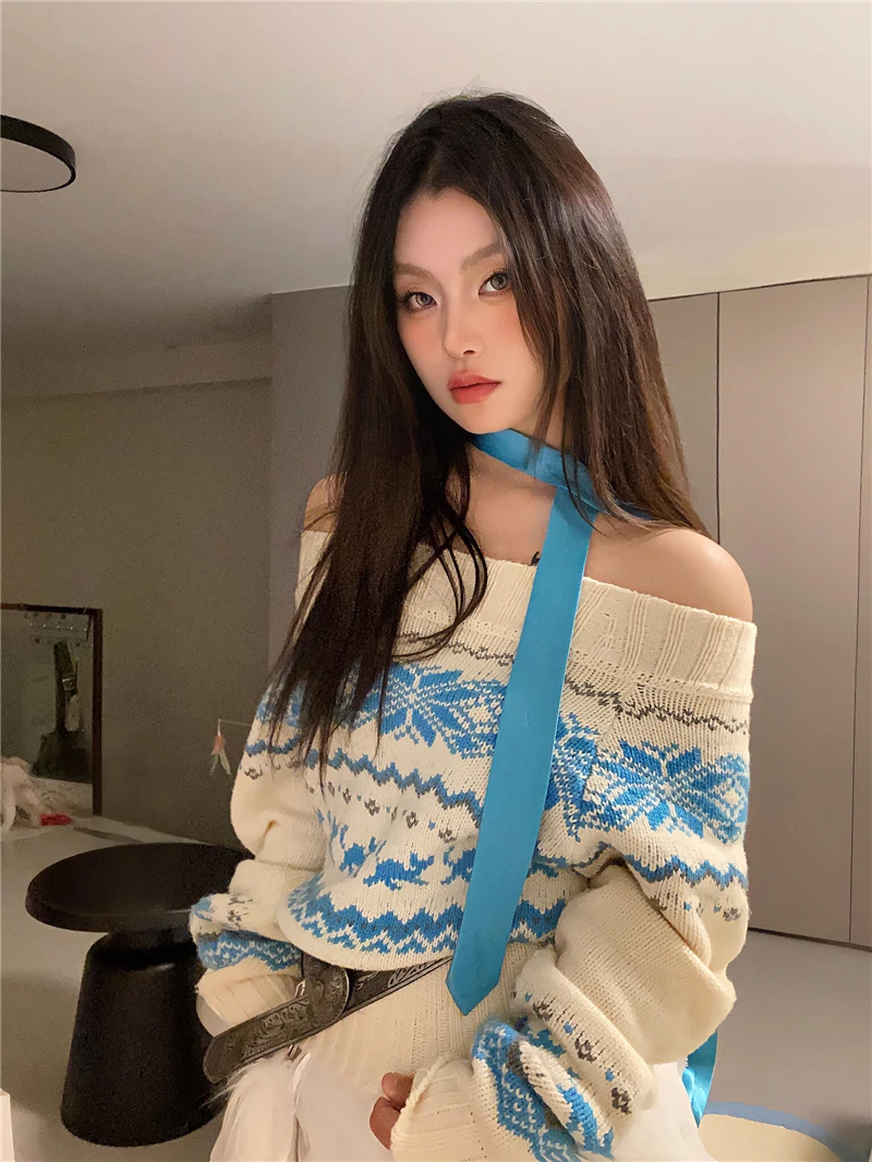 

American Retro Coarse Woven Off-shoulder Sweater Casual Loose Christmas Knitted Pullover Autumn Women's Knitwear Female Clothes