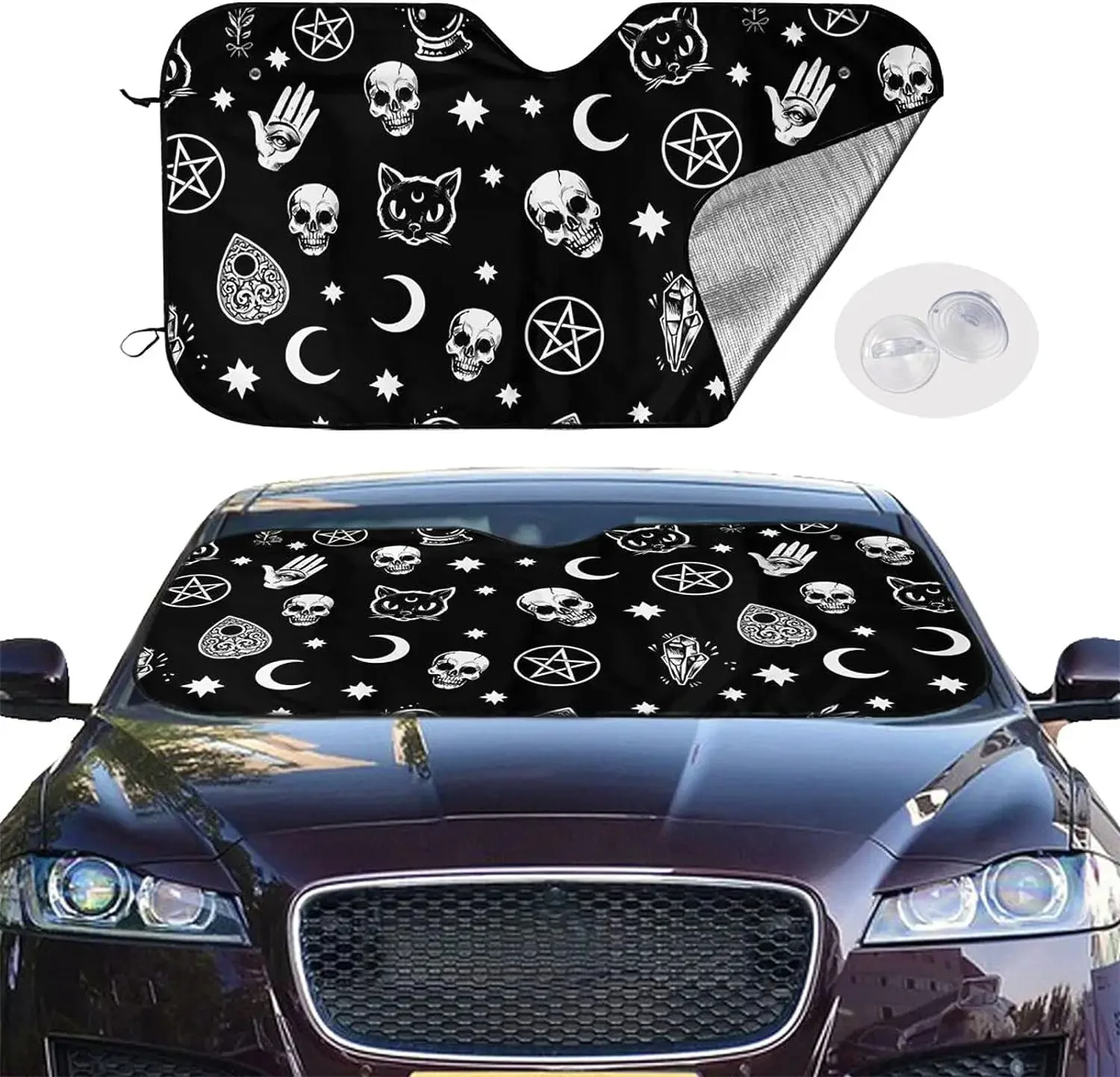 Skull Cat Moon Gothic Pattern Sun Shade Front Window Sunshade for Most Sedans SUV Blocks Max Uv Rays Keep Your Vehicle Cool