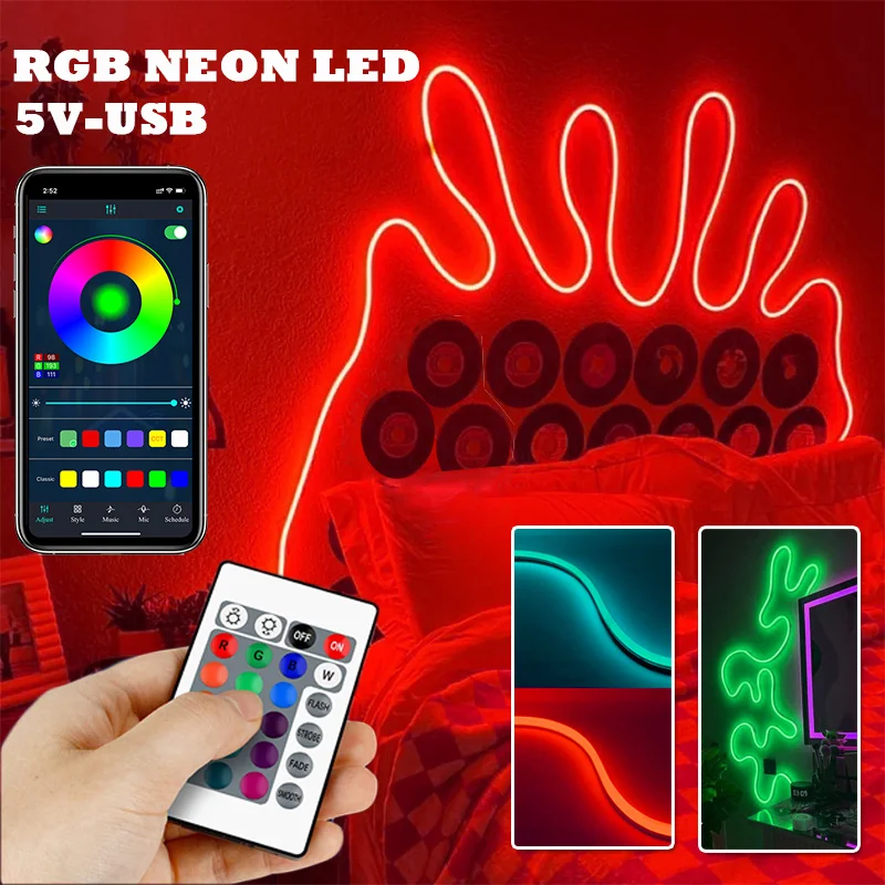 Smart RGB LED Neon Strip, USB Neon LED Strip Lights with Remote Control Flexible Neon LED Rope Lights, 5V RGB LED Neon Lights
