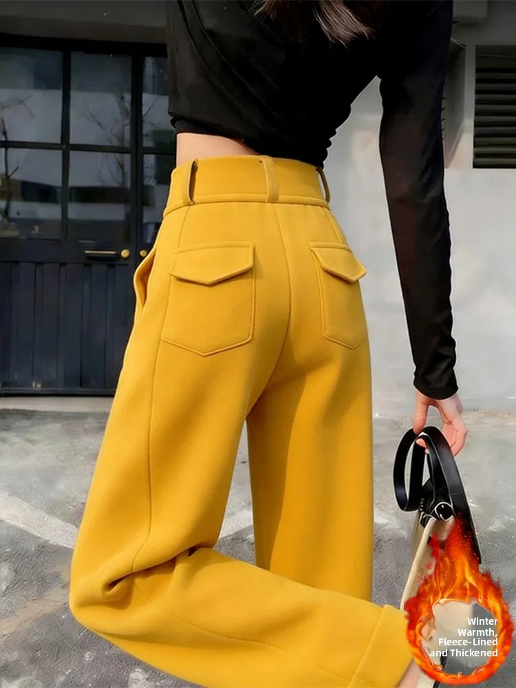 

High Waist Fce Lined Wide Leg Pants Women's Yellow Winter New Loose Casual Drapey Pants Korean Sle Commute Wind
