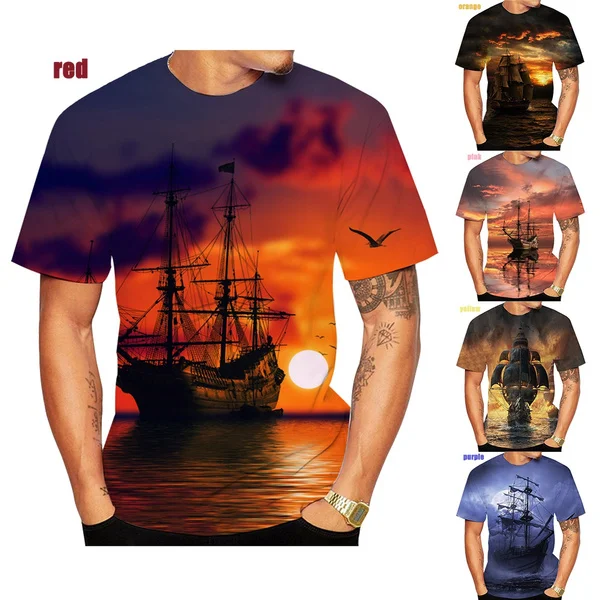 

Summer Pirate Ship 3D printed men's T-shirt, casual and comfortable street personalized painting T-shirt