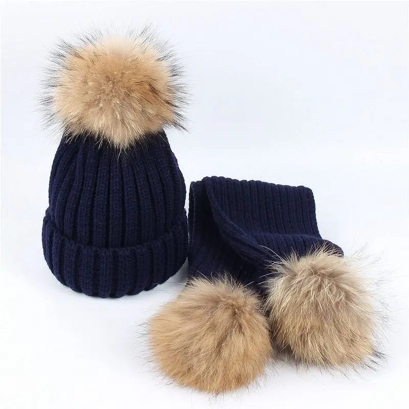 Knitted hat set Kids scarf two-piece set outdoor cold warm Cute accessory hairball thickened set Child Winter