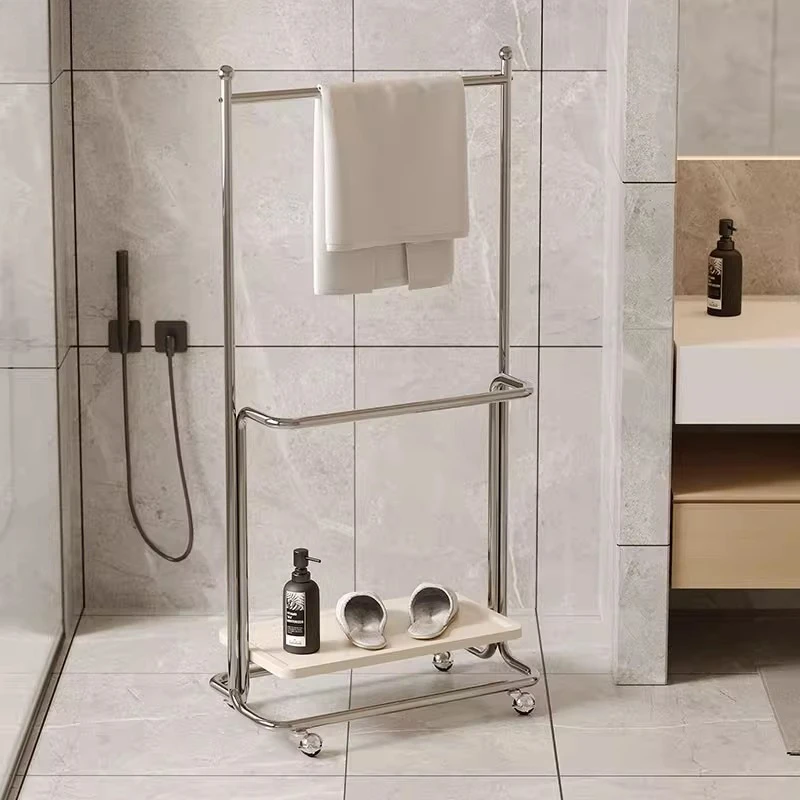 Stainless Steel Mobile Bathroom Rack Multi-Purpose Clothes Organizer Bathroom Towel Storage Stand Modern Bedroom Garment Rack