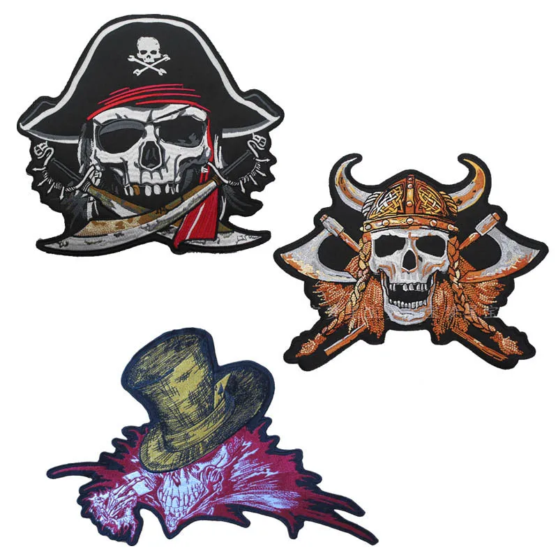 Double Sword Skull Axe With Hat  Large  Embroidery Patches For Jacket Back Vest  Biker Rock Punk Accessories Sew On Or Iron On