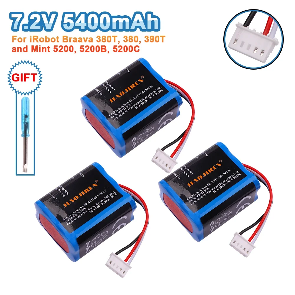 업그레이드7.2V NI-MH 5400mAh 배터리 iRobot Braava 380T 380 390T Mint 5200 5200B 5200C 진공 청소기 업그레이드 된 고용량