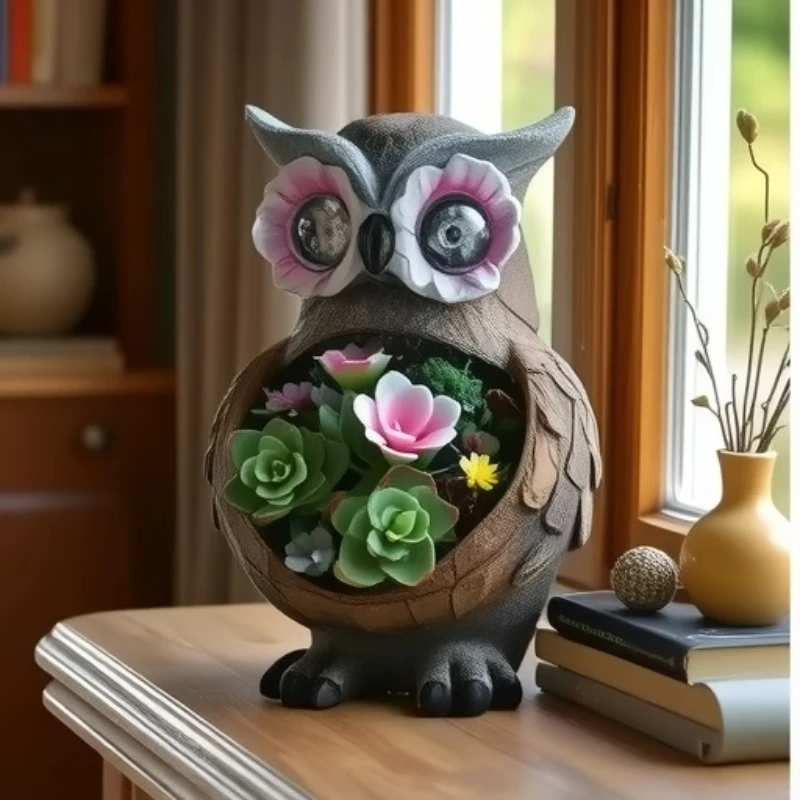 

Solar-powered garden ornaments in stock, creative resin animal handicrafts, owl succulents, illuminated garden ornaments