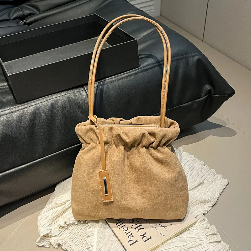 

Suede Shoulder Bag Fixed Shoulder Strap with Zipper Opening Design Solid Color Casual Handbag