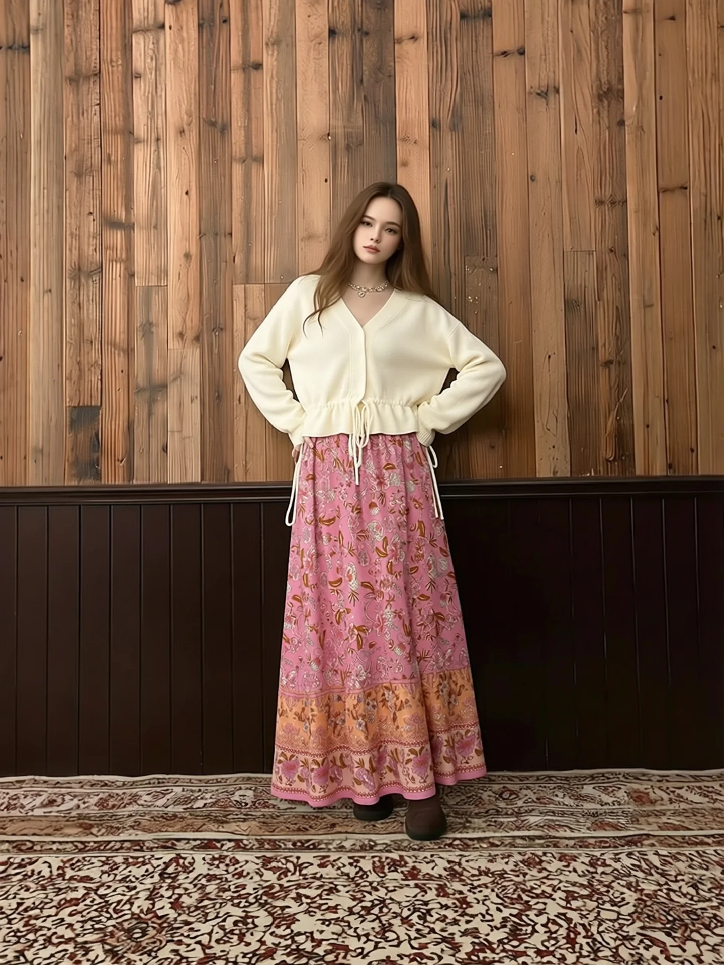 

Женская длинная юбка KEYANKETIAN с эластичным поясом на шнуровке, приталенная, А-силуэт, новинка 2026 года, в богемном стиле, с цветочным принтом, свежая миди-юбка