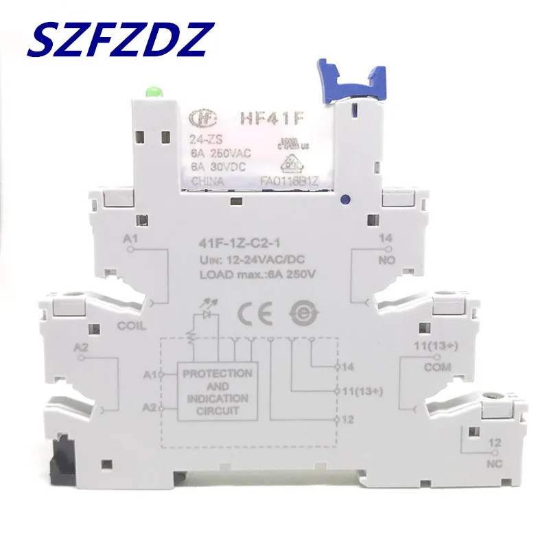 10Pcs 41F-1Z-C2-1 HF41F 5-ZS 12-ZS 24-ZS 5V 12V 24V 230V 6A 1CO Slim/SSR Relay Mount On Screw Socket with LED Wafer relay