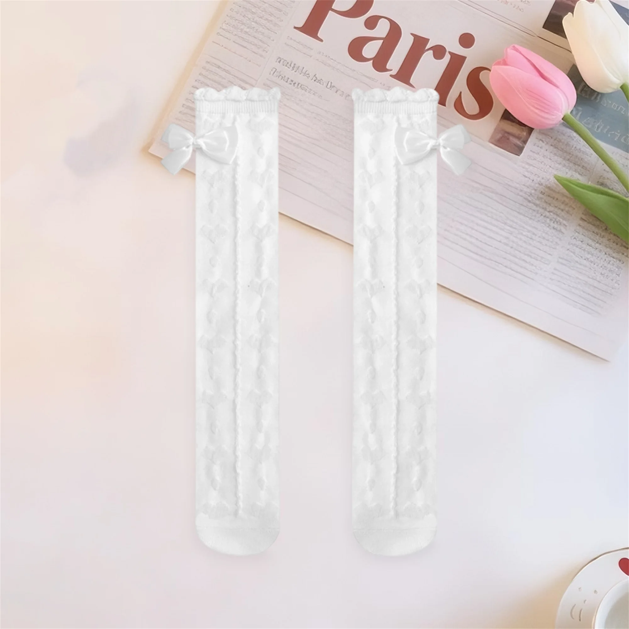 جوارب طويلة للفتيات فوق الركبة، جوارب طويلة أنيقة بلون سادة مكشكشة مزخرفة للأطفال #5