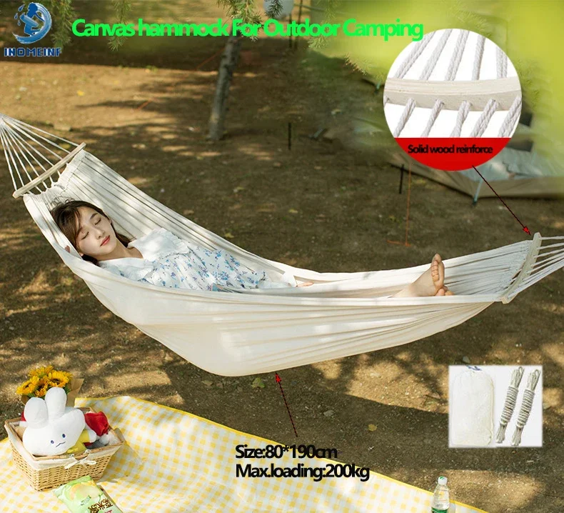 

80X190cm Fully Deployed Canvas Hammock for Outdoor Camping Dream Swing Hammock Easy To Fold Anti Roll Swing with Crescent Stick