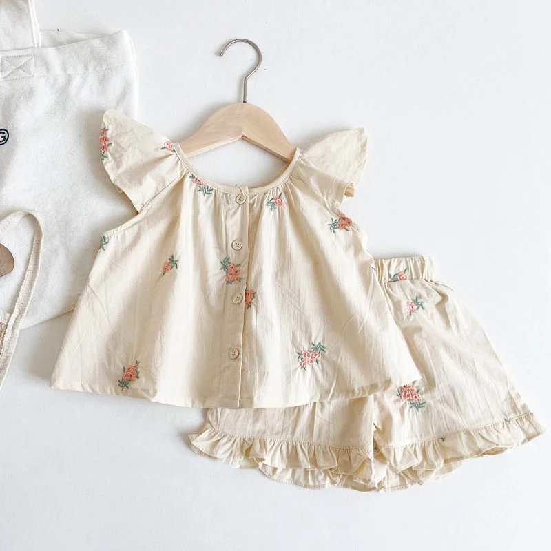 Embroidery Summer Baby Tops Shorts 2Pcs Kids Clothing Set Ruffle Sleeves Cotton Children Outfit Suit Baby Girl Clothes