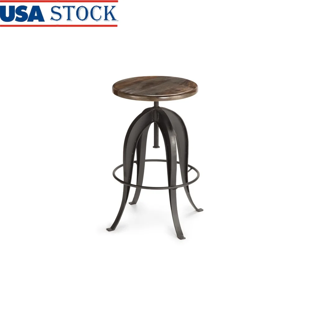 Adjustable Swivel Backless Bar Stool Solid Wood Seat Metal Frame Kitchen Dining Room Pub 32 Inch Height
