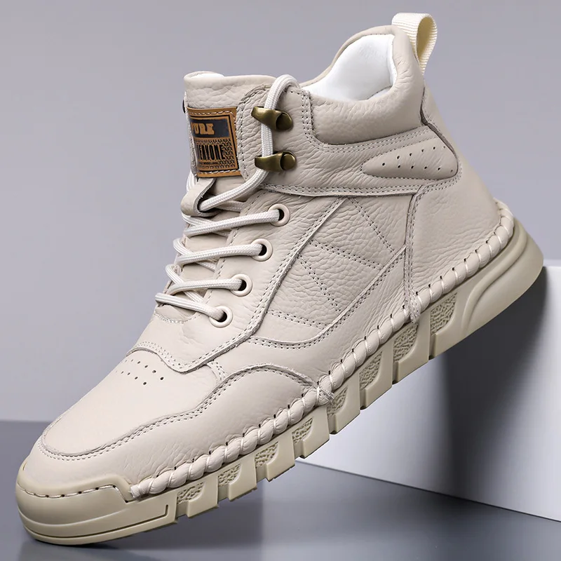 

New Shoes for Men Genuine Leather Casual Shoes High Tops Flat Skateboard Shoes Youth Cool Lace-up Sneaker