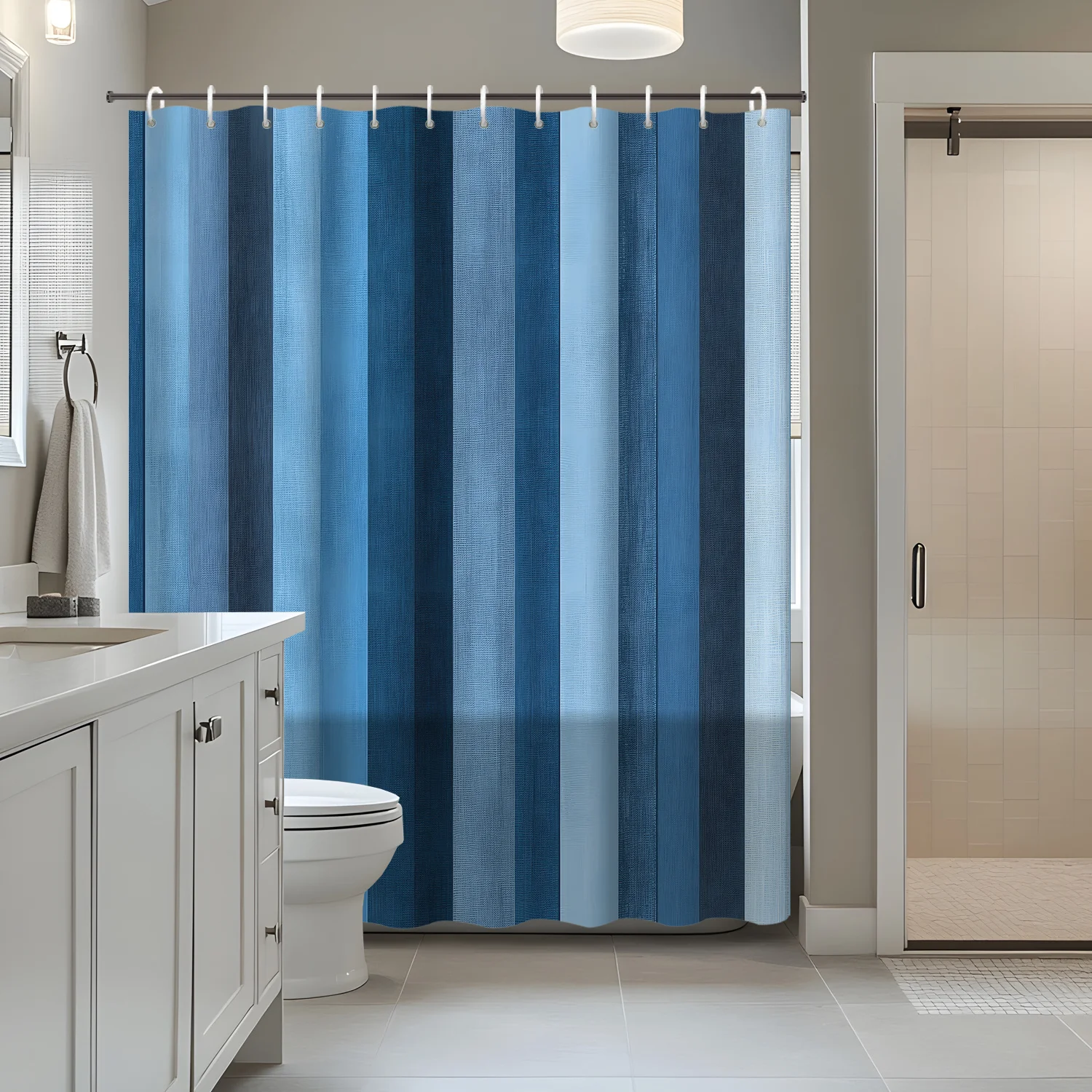 

1pc Blue Vertical Stripes Color Block Pattern Shower Curtain Partition Curtain, 12 Hooks Shower Curtain Shower Curtain, Home Dec