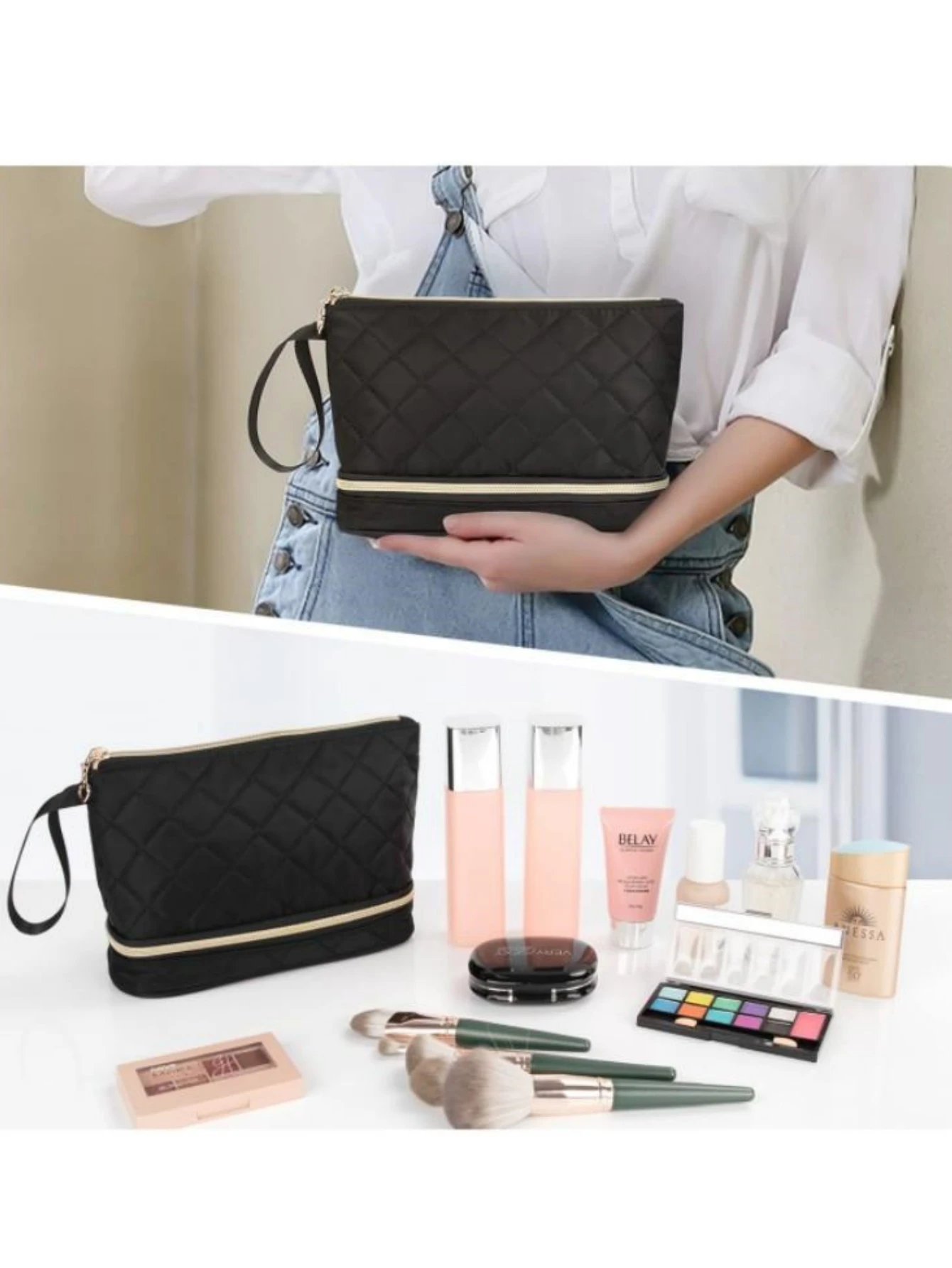 Ethereal Small Makeup Bag, Cosmetic Bag Double Layer Makeup Organizer Bag Large Capacity Makeup Pouch Travel Toiletry Bag Access