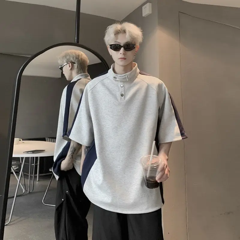 

Juspinice Contrasted Color Spliced Floral Gray T-shirt for Men Summer Half Turtleneck Polo Shirt Loose Casual Short Sleeve