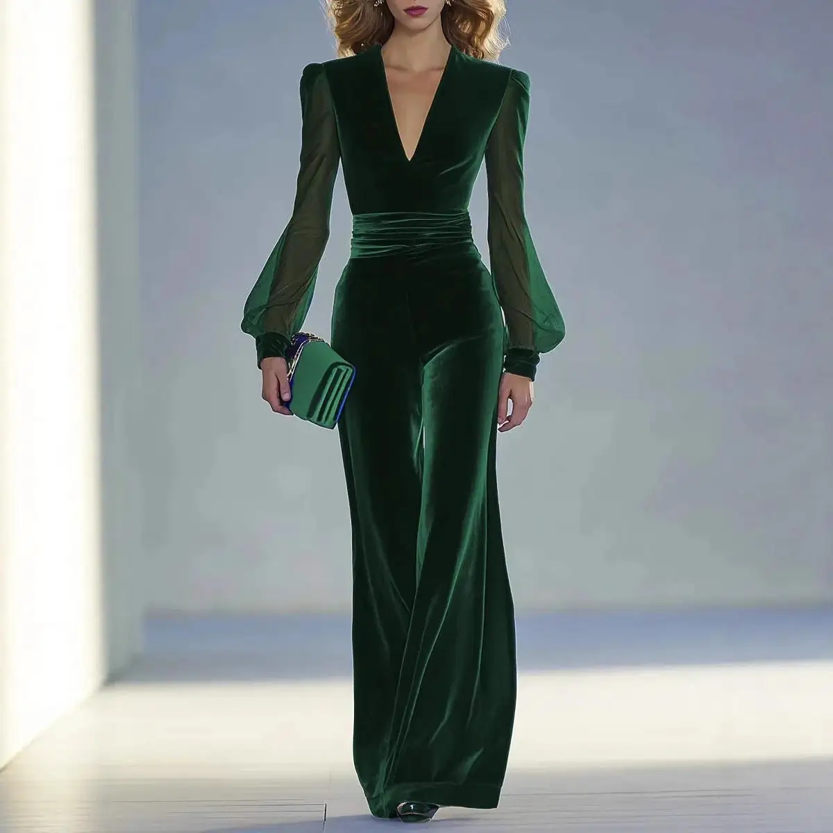 Pure Color Velvet Long Sleeve Long Pants Jumpsuit Women's Autumn Low Waist Polyester See-through One-piece Suit
