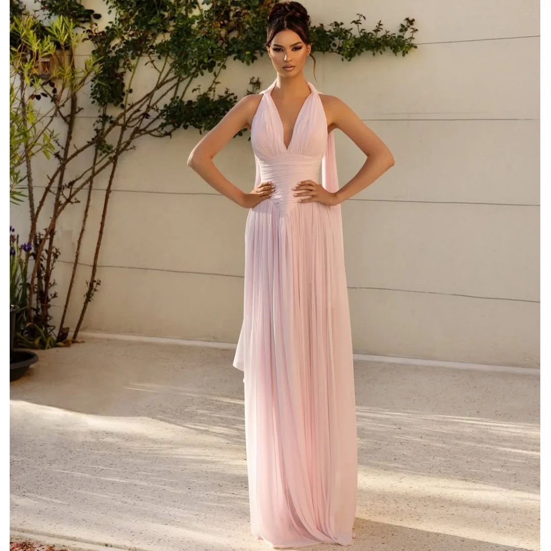 

Arabic Elegant Evening Dresses Pink A Line vestidos de noche Ribbon Pleat Prom Dress Luxury Party Gowns Customized