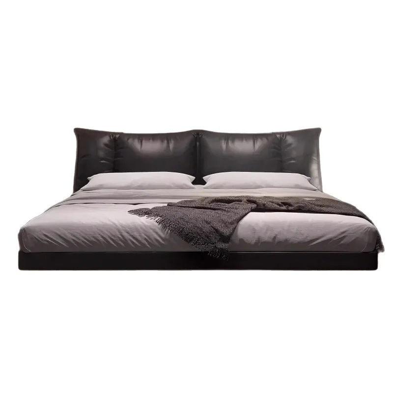 Italian minimalist leather suspension with light pull button soft bag bed, master bedroom double leather bed