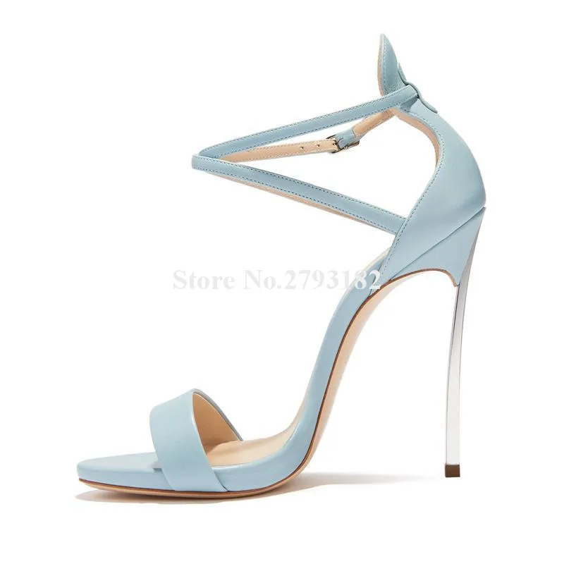 

Metal Stiletto Heel Sandals Designer Open Toe Blue Matte Leather Thin Heel Sandals Ankle Straps High Heels Wedding Heels