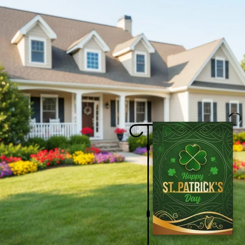 St Patricks Garden Flags for Outside 12x18 Inch Four-Leaf Clover Celtic Harp Elegant Burlap Garden Flags Seasonal Yard Flag  ZZM