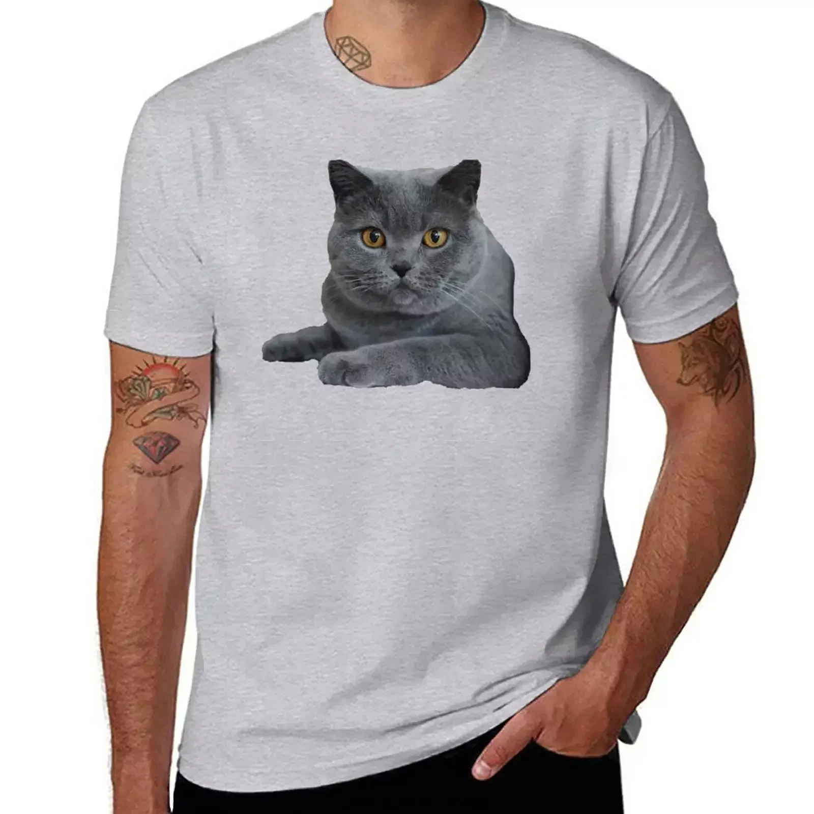 British Blue Shorthair Cat Face Portrait Profile T-Shirt tops Aesthetic clothing T-shirts for men cotton