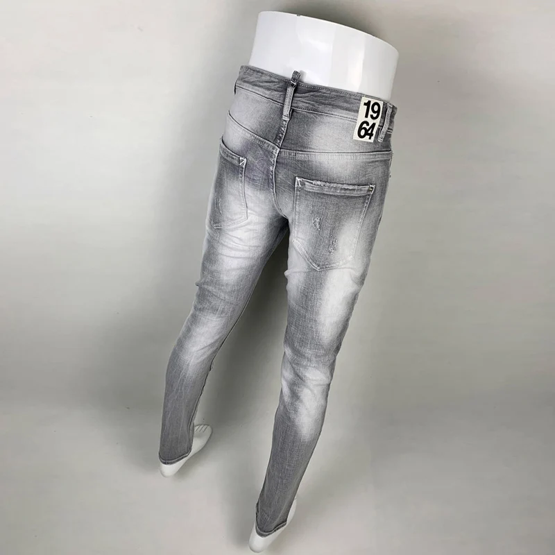 Street Fashion Men Jeans High Quality Retro Gray Stretch Skinny Fit Ripped Jeans Men Patched Designer Hip Hop Brand Pants Hombre
