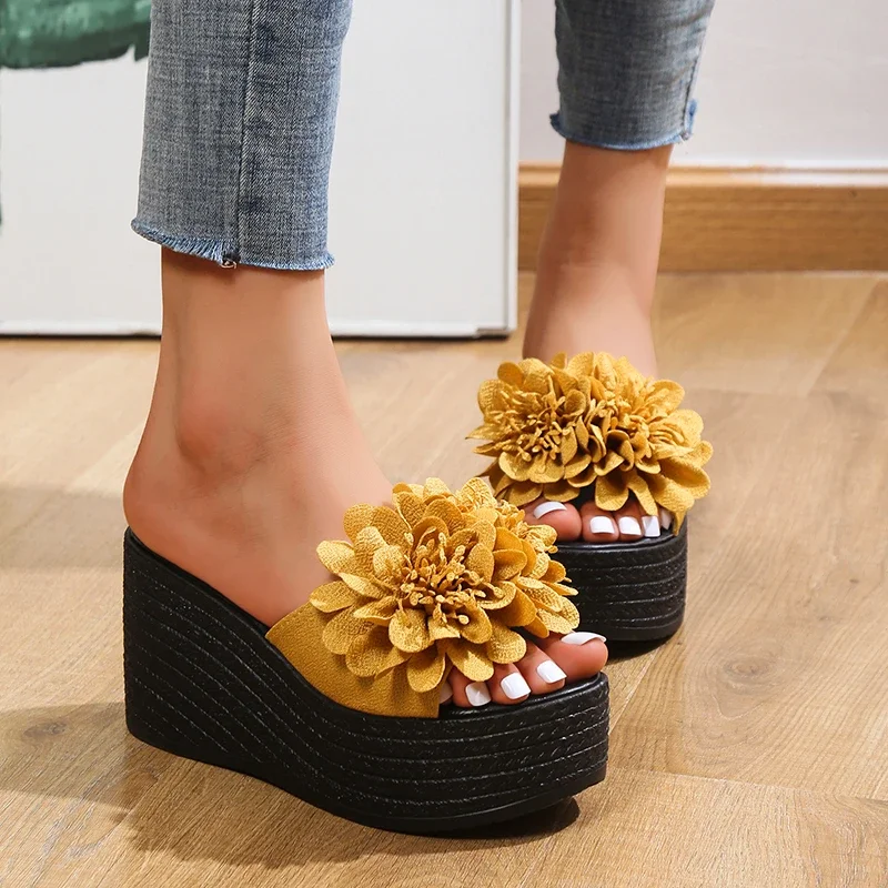 Sandalias de cuña, zapatillas de mujer, zapatos de plataforma de playa de verano, zapatillas de flores, zapatillas de tacón alto para mujer, moda