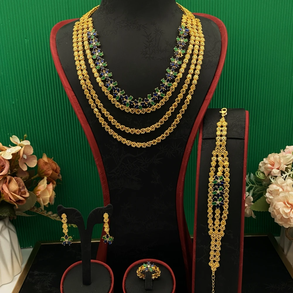 

JRH Minimalist Gold Plated Brass Jewelry Set Artificial Zircon Necklace Earrings Bracelet Ring Daily Commute