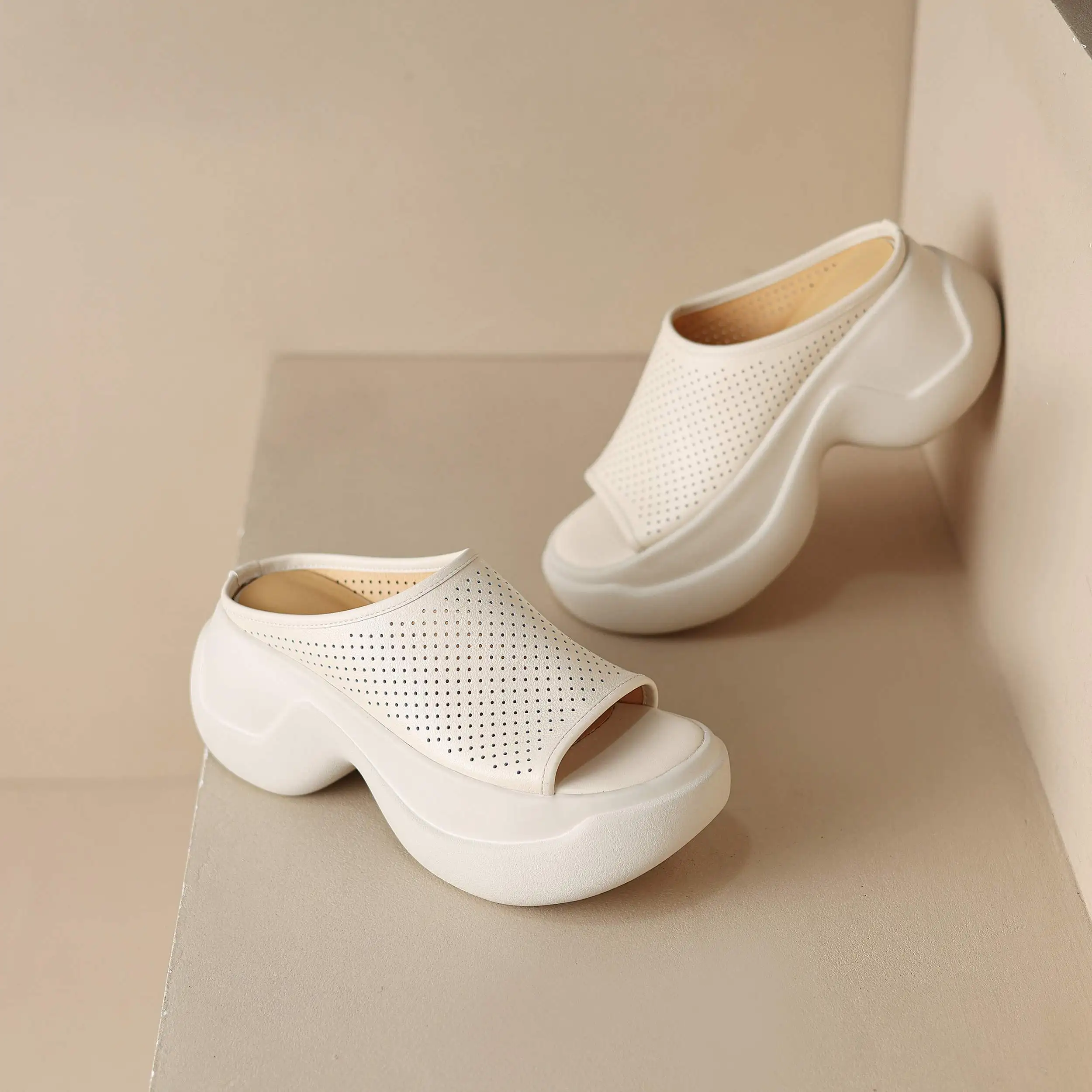 Krazing Pot Cow Leather Peep Toe Slip On High Heel Slingback Breathable Concise Mules Casual Slides Solid Platform Women Sandals image 5