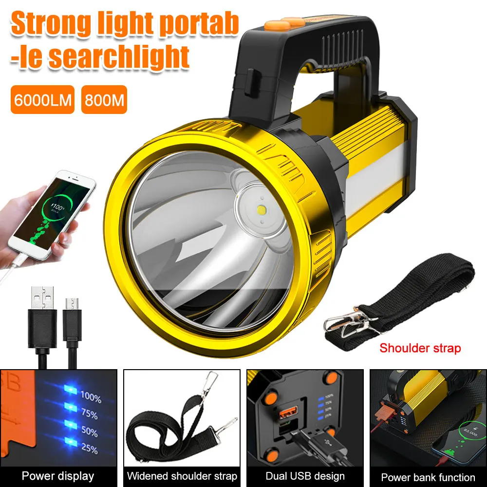 Super Bright LED Flashlight Powerful Searchlight Rechargeable 800M Long Range Portable Spotlights With Side Lamp,Power Bank Lamp