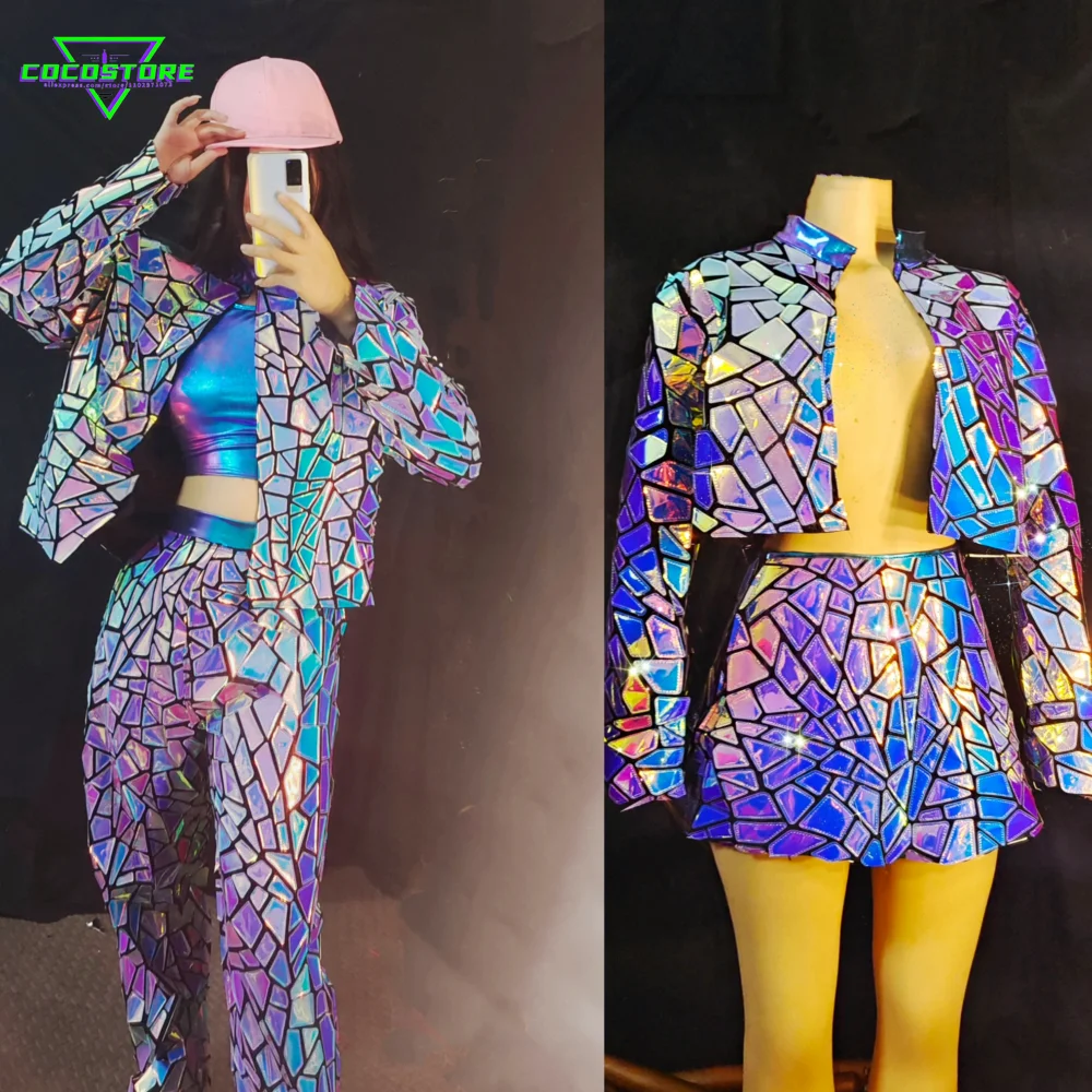 

Purple Blue Laser Mirror Sequins Dancer Short Dresses Stage Wear Women Club Party Birthday Prom Show Costume