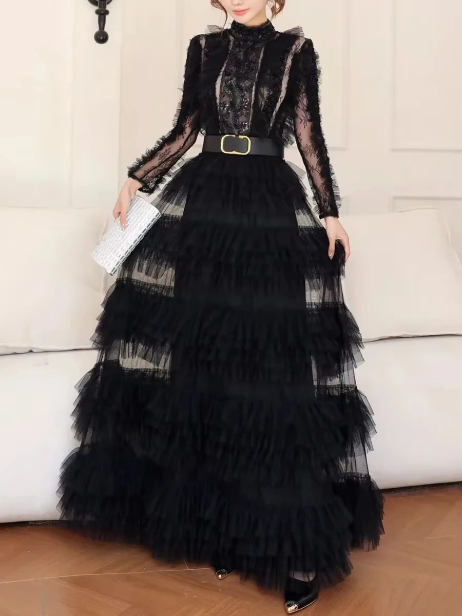 CHICEVER Spliced Lace Hollow Mesh Dresses for Women Stand Collar Long Sleeves High Waist Slim Spliced Sashes Party Dress Female