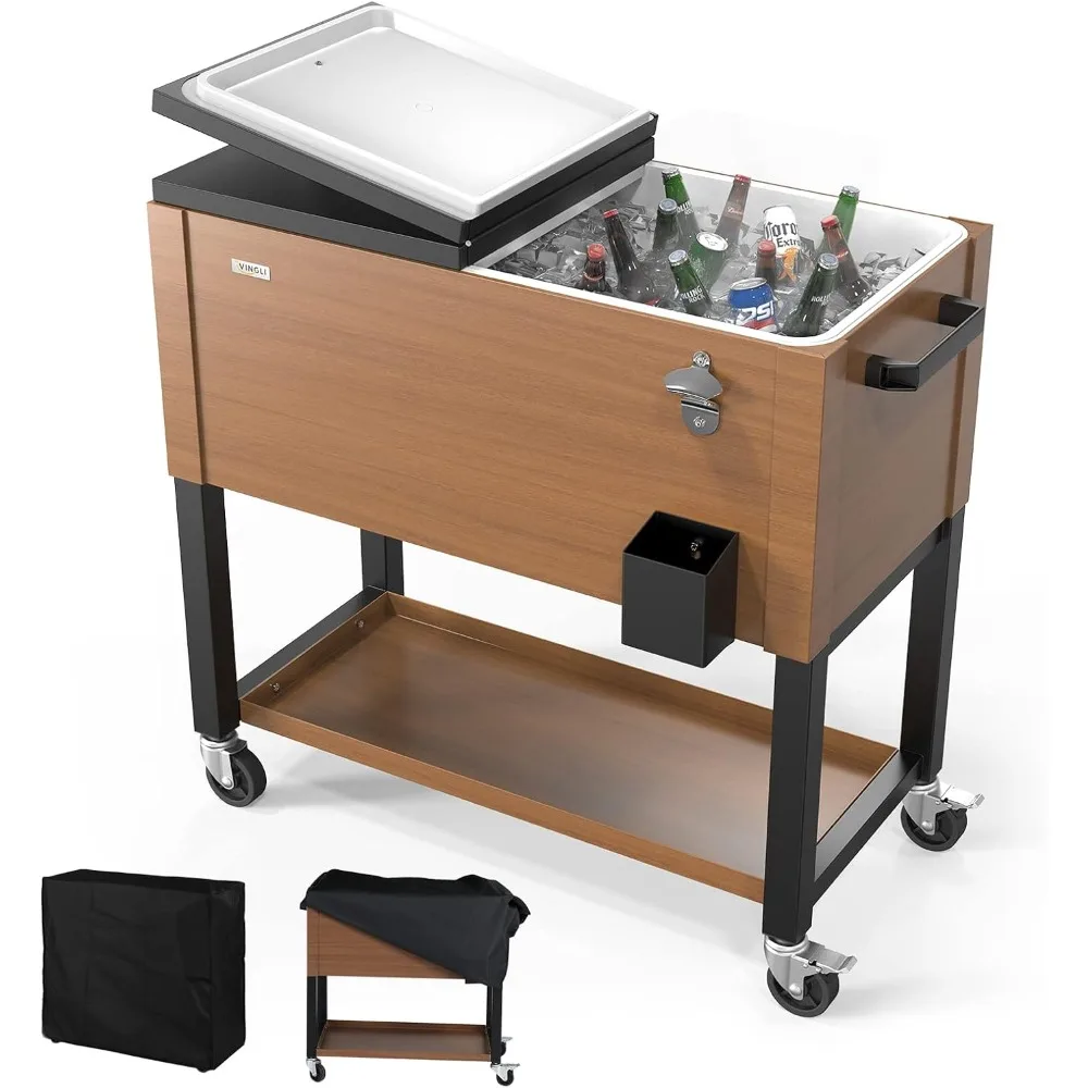

80 Quart Rolling Ice Chest on Wheels, Patio Cooler Cart, Beverage Rolling Cooler for Outdoor Patio Deck Party