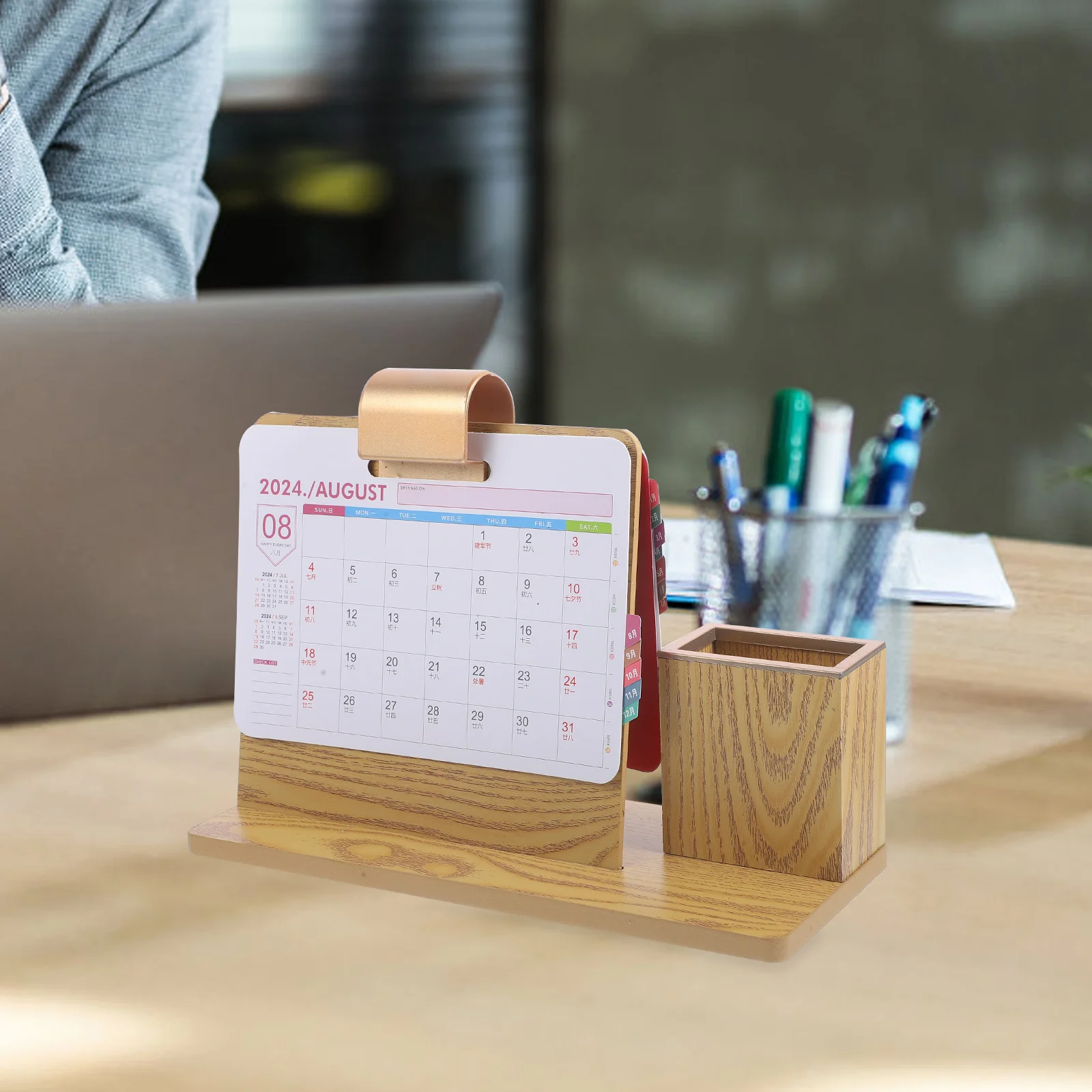 

Wooden Pen Holder Desktop Calendar Storage Organizer Sundries Holder Multifunctional Phone Case Office Desk 2024