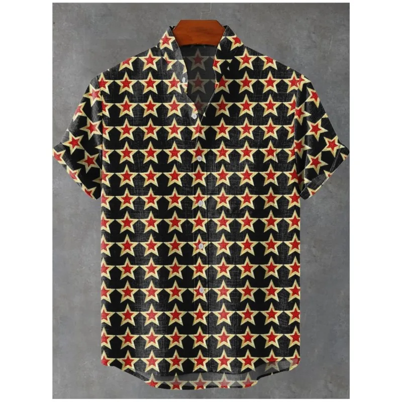Men's Summer New Geometric Line Pattern Star Decoration Pattern Linen Short Sleeved Shirt Comfortable And Casual men's Top