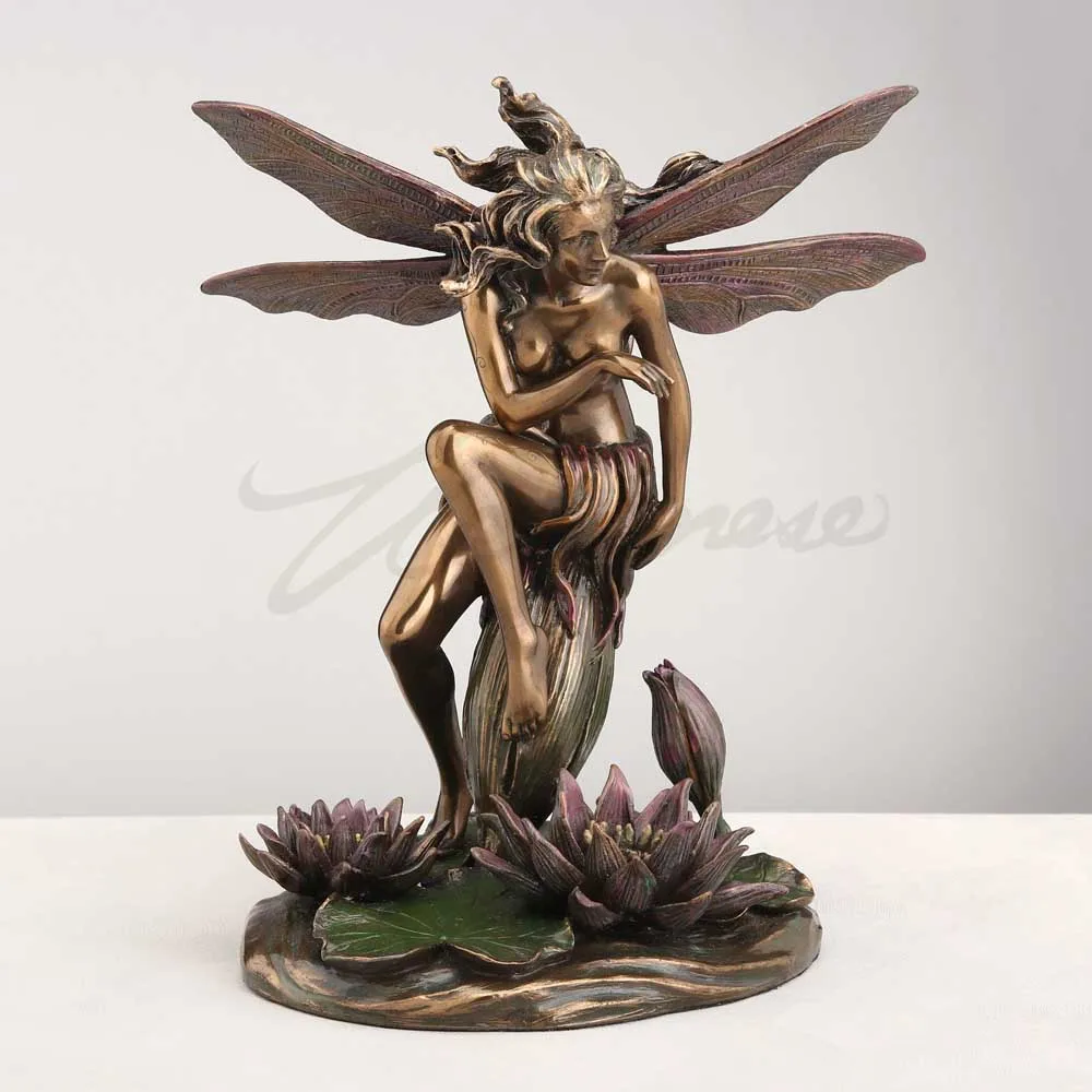 Vintage Bronze Texture Flower Fairy Resin Figure with Big Wings Water Lily Pond Base Decorative Statue Desktop Art Display Gift